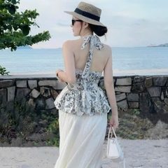[A446] Set Áo kiểu CỔ YẾM VẼ HOA VĂN có mút kèm QUẦN TƠ GÃY 2 lớp ống rộng lưng chun tôn dáng - L2M (New)