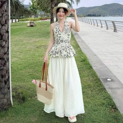 [A446] Set Áo kiểu CỔ YẾM VẼ HOA VĂN có mút kèm QUẦN TƠ GÃY 2 lớp ống rộng lưng chun tôn dáng - L2M (New)