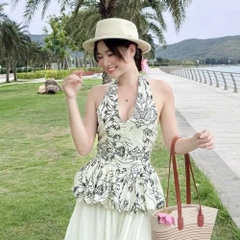[A446] Set Áo kiểu CỔ YẾM VẼ HOA VĂN có mút kèm QUẦN TƠ GÃY 2 lớp ống rộng lưng chun tôn dáng - L2M (New)