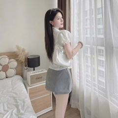 [A448] Set Áo sơ mi kiểu nữ CỔ V VIỀN SỢI tay phồng và CHÂN VÁY XÁM tôn dáng xinh xắn hot - L2M (New)