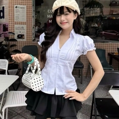 [A448] Set Áo sơ mi kiểu nữ CỔ V VIỀN SỢI tay phồng và CHÂN VÁY XÁM tôn dáng xinh xắn hot - L2M (New)