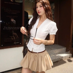 [A448] Set Áo sơ mi kiểu nữ CỔ V VIỀN SỢI tay phồng và CHÂN VÁY XÁM tôn dáng xinh xắn hot - L2M (New)