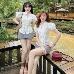 [A448] Set Áo sơ mi kiểu nữ CỔ V VIỀN SỢI tay phồng và CHÂN VÁY XÁM tôn dáng xinh xắn hot - L2M (New)