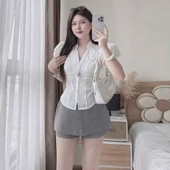 [A448] Set Áo sơ mi kiểu nữ CỔ V VIỀN SỢI tay phồng và CHÂN VÁY XÁM tôn dáng xinh xắn hot - L2M (New)