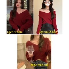 [A451] Áo len nữ Montoghi dệt kim PHỐI CHÉO 2 BÊN mặc được nhiều kiểu tay dài sang trọng - L2M (New)
