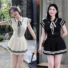 [A450] Set Áo THUN TĂM nữ VAI BÈO VIỀN THẮT NƠ kèm CHÂN VÁY XẾP LY có lót trong nữ tính - L2M (New)