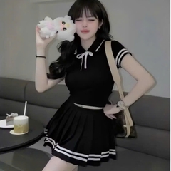 [A450] Set Áo THUN TĂM nữ VAI BÈO VIỀN THẮT NƠ kèm CHÂN VÁY XẾP LY có lót trong nữ tính - L2M (New)