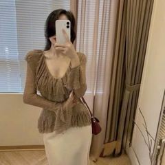 [A491] Áo len kiểu nữ PHỐI BÈO 2 CÁNH TAY LOE dài họa tiết hàng Quảng Châu sang chảnh - L2M (New)