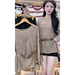 [A482] SET Áo len montoghi LƯỚI HỌA TIẾT TRÒN DỌC form rộng KÈM ĐAI ĐỒNG XU mặc ngoài đi biển dễ phối đồ - L2M (New)