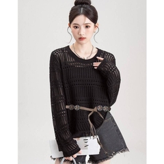 [A482] SET Áo len montoghi LƯỚI HỌA TIẾT TRÒN DỌC form rộng KÈM ĐAI ĐỒNG XU mặc ngoài đi biển dễ phối đồ - L2M (New)