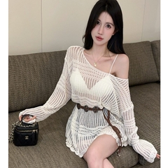 [A482] SET Áo len montoghi LƯỚI HỌA TIẾT TRÒN DỌC form rộng KÈM ĐAI ĐỒNG XU mặc ngoài đi biển dễ phối đồ - L2M (New)