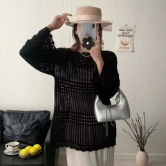 [A482] SET Áo len montoghi LƯỚI HỌA TIẾT TRÒN DỌC form rộng KÈM ĐAI ĐỒNG XU mặc ngoài đi biển dễ phối đồ - L2M (New)