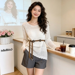 [A482] SET Áo len montoghi LƯỚI HỌA TIẾT TRÒN DỌC form rộng KÈM ĐAI ĐỒNG XU mặc ngoài đi biển dễ phối đồ - L2M (New)