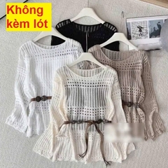 [A482] SET Áo len montoghi LƯỚI HỌA TIẾT TRÒN DỌC form rộng KÈM ĐAI ĐỒNG XU mặc ngoài đi biển dễ phối đồ - L2M (New)