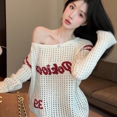 [A484] Áo len LƯỚI montoghi dệt kim PHỐI CHỮ VIỀN TAY form rộng mặc ngoài đi biển dễ phối đồ - L2M (New)