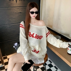 [A484] Áo len LƯỚI montoghi dệt kim PHỐI CHỮ VIỀN TAY form rộng mặc ngoài đi biển dễ phối đồ - L2M (New)