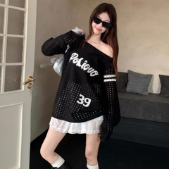 [A484] Áo len LƯỚI montoghi dệt kim PHỐI CHỮ VIỀN TAY form rộng mặc ngoài đi biển dễ phối đồ - L2M (New)