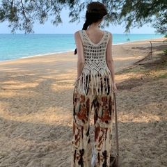 [A485] Áo LƯỚI len dệt kim Ô VUÔNG PHỐI LÁ VÀ TUA không tay thời trang mùa hè đi biển xinh xắn - L2M