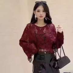 [A486] Áo LƯỚI len dệt kim ĐAN HỌA TIẾT TAY DƠI TUA thời trang mùa hè đi biển xinh xắn - L2M (New)