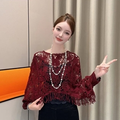 [A486] Áo LƯỚI len dệt kim ĐAN HỌA TIẾT TAY DƠI TUA thời trang mùa hè đi biển xinh xắn - L2M (New)
