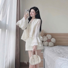 [A489] SET (2 MÓN) áo kiểu nữ BABY BÈO TẦNG TAY LOE phối CHÂN VÁY BI có lót trong xinh xắn - L2M (New)