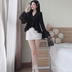 [A489] SET (2 MÓN) áo kiểu nữ BABY BÈO TẦNG TAY LOE phối CHÂN VÁY BI có lót trong xinh xắn - L2M (New)