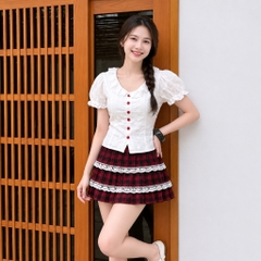 [Q112] Chân váy xòe CARO PHỐI 2 REN XẾP TẦNG có lót trong lưng thun co giãn dáng ngắn xinh xắn - L2M (New)