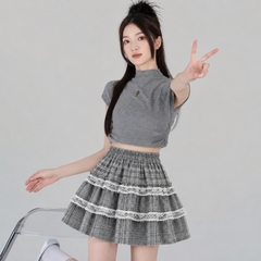 [Q112] Chân váy xòe CARO PHỐI 2 REN XẾP TẦNG có lót trong lưng thun co giãn dáng ngắn xinh xắn - L2M (New)