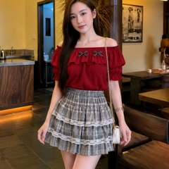 [Q112] Chân váy xòe CARO PHỐI 2 REN XẾP TẦNG có lót trong lưng thun co giãn dáng ngắn xinh xắn - L2M (New)