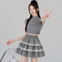 [Q112] Chân váy xòe CARO PHỐI 2 REN XẾP TẦNG có lót trong lưng thun co giãn dáng ngắn xinh xắn - L2M (New)