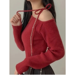[A457] Áo len thun Montoghi dệt kim LỆCH 1 BÊN VAI phối NƠ BUỘC tay dài xinh xắn sang trọng - L2M (New)