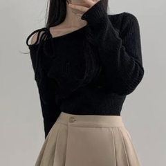 [A457] Áo len thun Montoghi dệt kim LỆCH 1 BÊN VAI phối NƠ BUỘC tay dài xinh xắn sang trọng - L2M (New)
