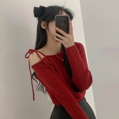 [A457] Áo len thun Montoghi dệt kim LỆCH 1 BÊN VAI phối NƠ BUỘC tay dài xinh xắn sang trọng - L2M (New)