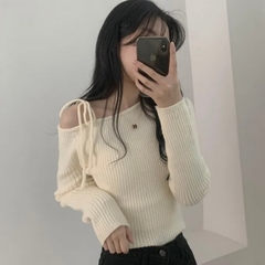[A457] Áo len thun Montoghi dệt kim LỆCH 1 BÊN VAI phối NƠ BUỘC tay dài xinh xắn sang trọng - L2M (New)