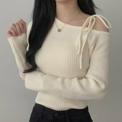 [A457] Áo len thun Montoghi dệt kim LỆCH 1 BÊN VAI phối NƠ BUỘC tay dài xinh xắn sang trọng - L2M (New)