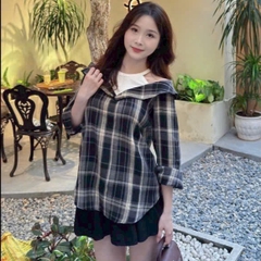 [A459] Áo SƠ MI kiểu nữ PHỐI YẾM BẸT VAI  mẫu CARO phom rộng tay dài xinh xắn hot trend - L2M (New)