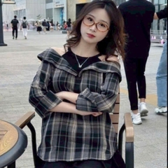 [A459] Áo SƠ MI kiểu nữ PHỐI YẾM BẸT VAI  mẫu CARO phom rộng tay dài xinh xắn hot trend - L2M (New)