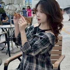 [A459] Áo SƠ MI kiểu nữ PHỐI YẾM BẸT VAI  mẫu CARO phom rộng tay dài xinh xắn hot trend - L2M (New)