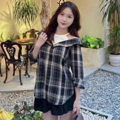 [A459] Áo SƠ MI kiểu nữ PHỐI YẾM BẸT VAI  mẫu CARO phom rộng tay dài xinh xắn hot trend - L2M (New)