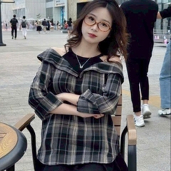 [A459] Áo SƠ MI kiểu nữ PHỐI YẾM BẸT VAI  mẫu CARO phom rộng tay dài xinh xắn hot trend - L2M (New)
