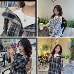 [A459] Áo SƠ MI kiểu nữ PHỐI YẾM BẸT VAI  mẫu CARO phom rộng tay dài xinh xắn hot trend - L2M (New)