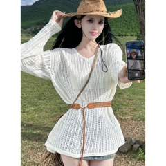 [A462] Set Áo len LƯỚI montoghi CỔ V LƯỚI NHỎ KÈM ĐAI form vừa mặc ngoài đi biển dễ phối đồ - L2M (New)