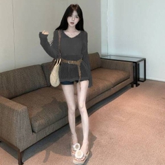 [A462] Set Áo len LƯỚI montoghi CỔ V LƯỚI NHỎ KÈM ĐAI form vừa mặc ngoài đi biển dễ phối đồ - L2M (New)