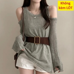 [A464] Set Áo len LƯỚI montoghi KHOÉT VAI KÈM ĐAI TO tay dài mặc ngoài đi biển dễ phối đồ - L2M (New)