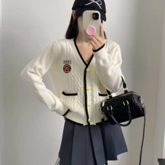 [A465] Áo len nữ Montoghi dệt kim LOGO KÈM CHỮ phối VIỀN VÀ TÚI cài nút tay dài sang trọng - L2M (New)