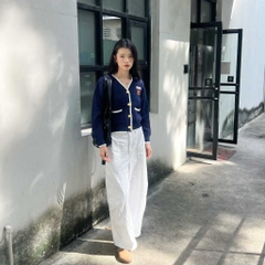 [A465] Áo len nữ Montoghi dệt kim LOGO KÈM CHỮ phối VIỀN VÀ TÚI cài nút tay dài sang trọng - L2M (New)