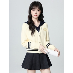 [A468] Áo len nữ Montoghi dệt kim CỔ V THỦY THỦ PHỐI VIỀN LOGO cài nút tay dài sang trọng - L2M (New)