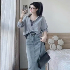 [A472] SET Áo kiểu nữ gồm SƠ MI XOẮN NGOÀI kèm lót trong KẺ SỌC hàng Quảng Châu xinh xắn - L2M (New)