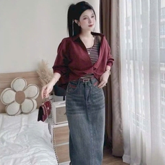 [A472] SET Áo kiểu nữ gồm SƠ MI XOẮN NGOÀI kèm lót trong KẺ SỌC hàng Quảng Châu xinh xắn - L2M (New)