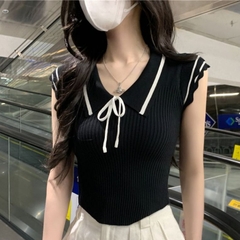 [A450] Set Áo THUN TĂM nữ VAI BÈO VIỀN THẮT NƠ kèm CHÂN VÁY XẾP LY có lót trong nữ tính - L2M (New)